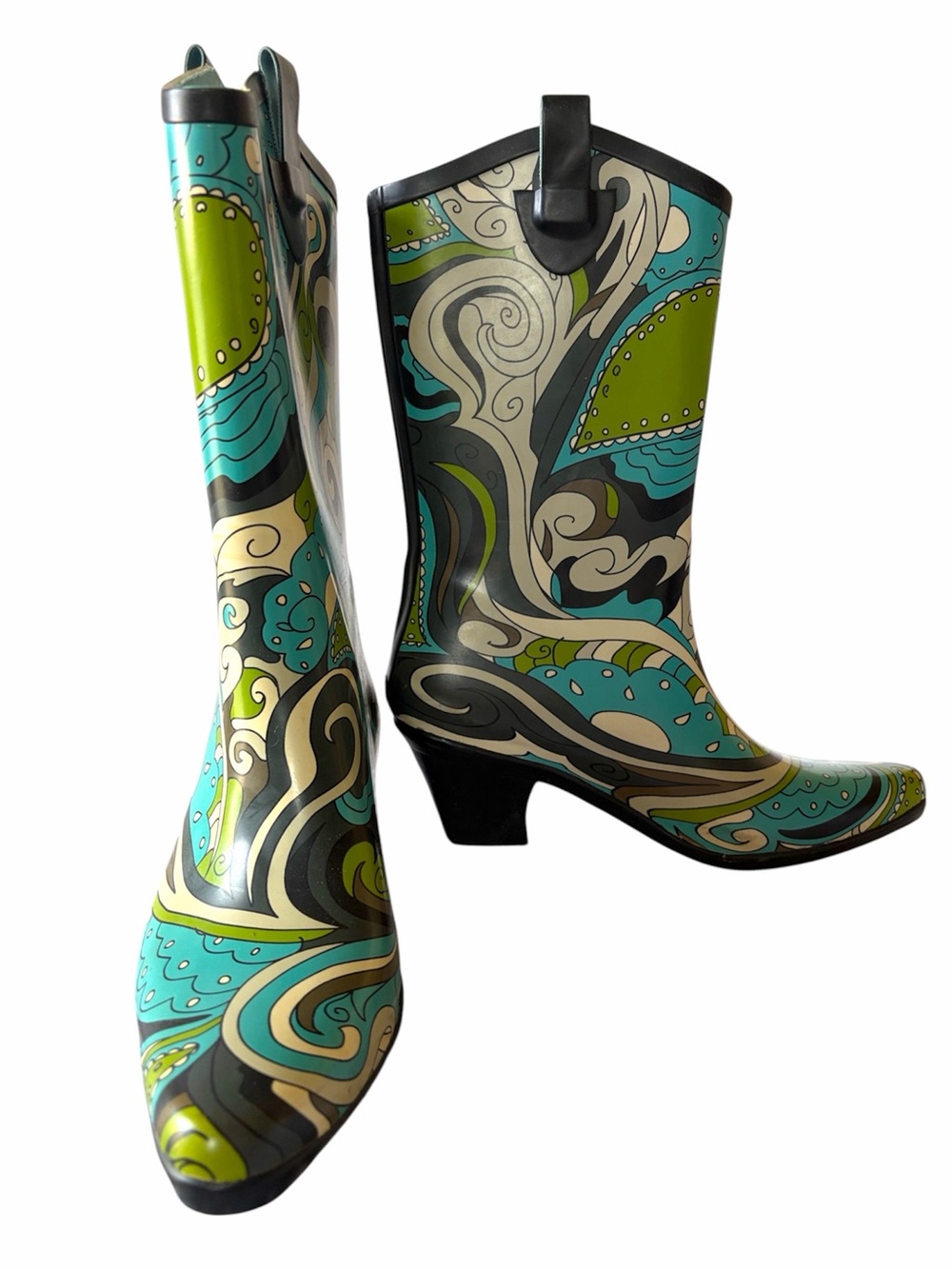 dav Retro Swirl Rain Boots Turquoise Green Mod Festival Boots Size 7